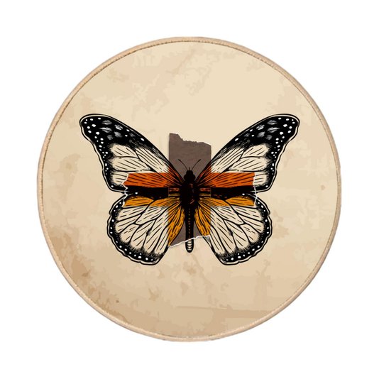 Quadro Decorativo Redondo Borboleta Fitas com Moldura em Couro Sintético
