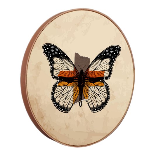 Quadro Decorativo Redondo Borboleta Fitas com Moldura em Couro Sintético