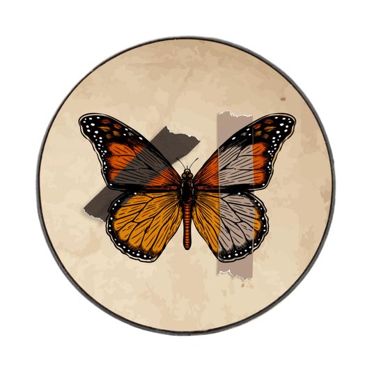 Quadro Decorativo Redondo Borboleta Fitas Marrons com Moldura em Couro Sintético