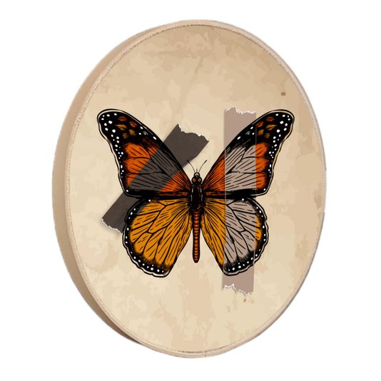 Quadro Decorativo Redondo Borboleta Fitas Marrons com Moldura em Couro Sintético