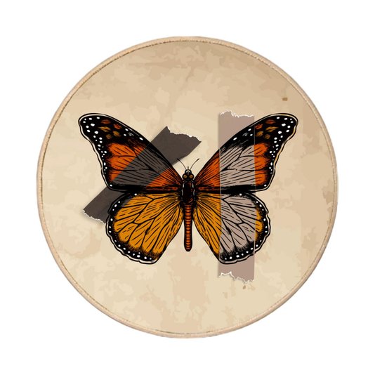 Quadro Decorativo Redondo Borboleta Fitas Marrons com Moldura em Couro Sintético