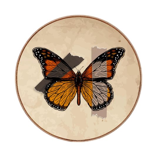 Quadro Decorativo Redondo Borboleta Fitas Marrons com Moldura em Couro Sintético