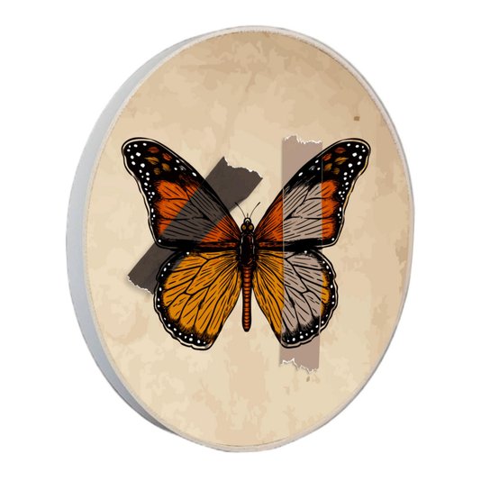 Quadro Decorativo Redondo Borboleta Fitas Marrons com Moldura em Couro Sintético