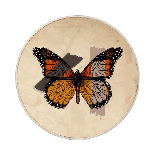 Quadro Decorativo Redondo Borboleta Fitas Marrons com Moldura em Couro Sintético