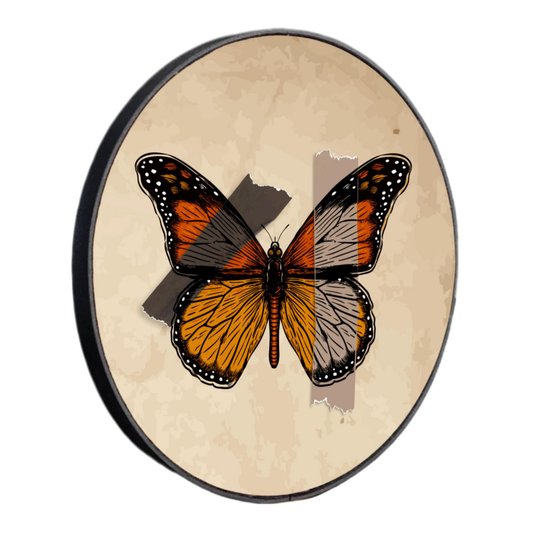 Quadro Decorativo Redondo Borboleta Fitas Marrons com Moldura em Couro Sintético