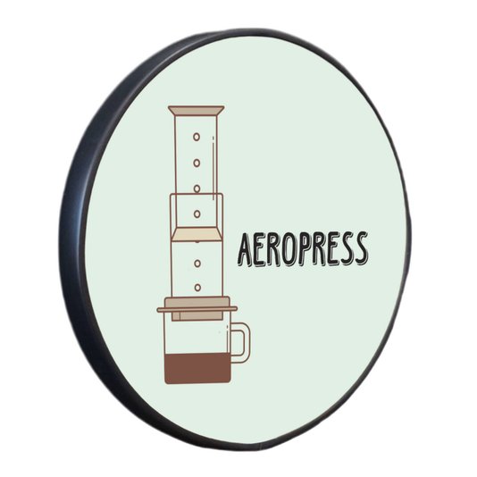 Quadro Decorativo Redondo Café Aeropress com Moldura Filete Flexível