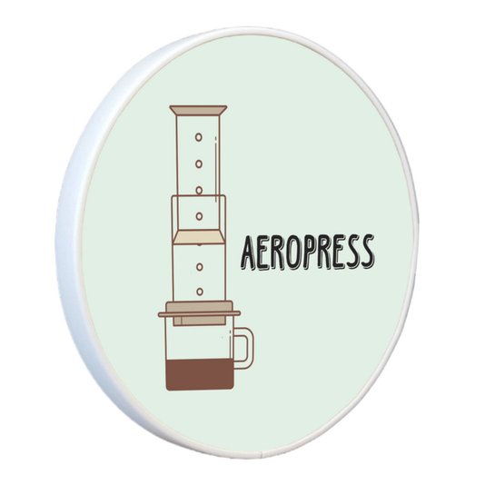 Quadro Decorativo Redondo Café Aeropress com Moldura Filete Flexível