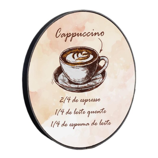 Quadro Decorativo Redondo Café Cappuccino com Moldura em Couro Sintético