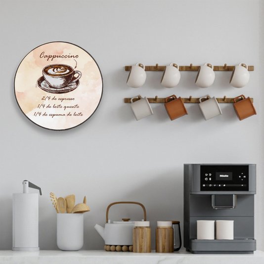 Quadro Decorativo Redondo Café Cappuccino com Moldura em Couro Sintético