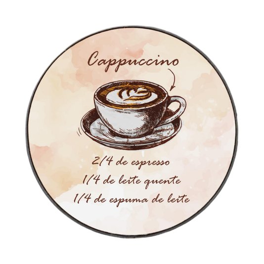 Quadro Decorativo Redondo Café Cappuccino com Moldura em Couro Sintético