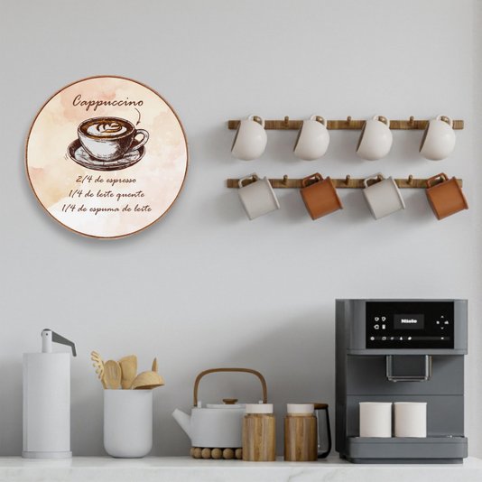 Quadro Decorativo Redondo Café Cappuccino com Moldura em Couro Sintético