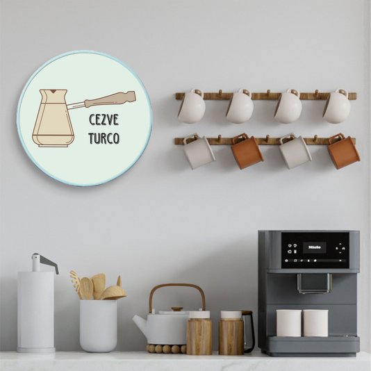 Quadro Decorativo Redondo Café Cezve Turco com Moldura Filete Flexível