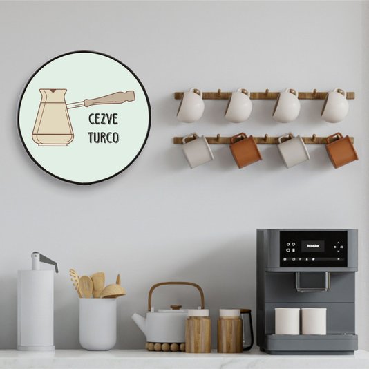 Quadro Decorativo Redondo Café Cezve Turco com Moldura Filete Flexível