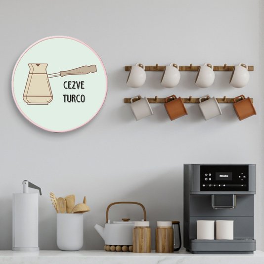 Quadro Decorativo Redondo Café Cezve Turco com Moldura Filete Flexível