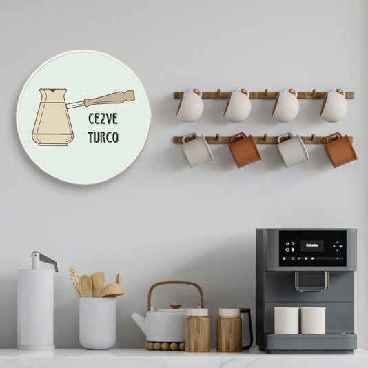 Quadro Decorativo Redondo Café Cezve Turco com Moldura Filete Flexível