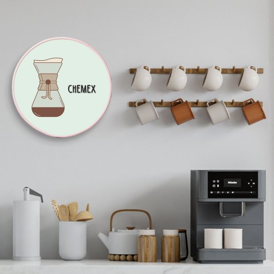 Quadro Decorativo Redondo Café Chemex com Moldura Filete Flexível