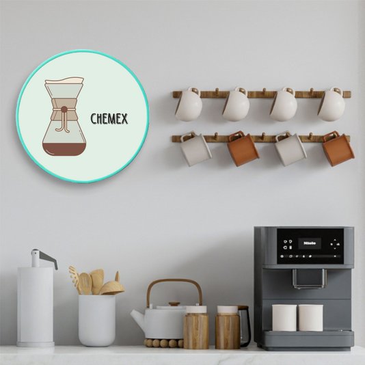 Quadro Decorativo Redondo Café Chemex com Moldura Filete Flexível