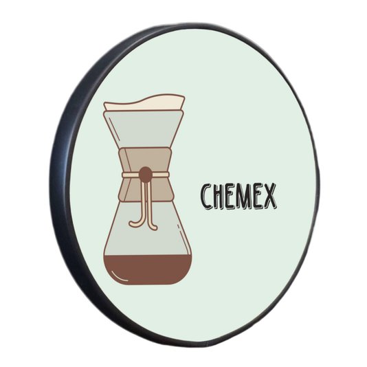Quadro Decorativo Redondo Café Chemex com Moldura Filete Flexível