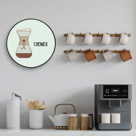 Quadro Decorativo Redondo Café Chemex com Moldura Filete Flexível