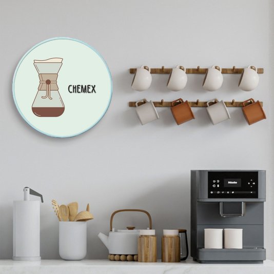 Quadro Decorativo Redondo Café Chemex com Moldura Filete Flexível
