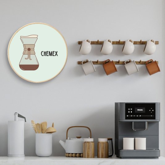 Quadro Decorativo Redondo Café Chemex com Moldura Filete Flexível