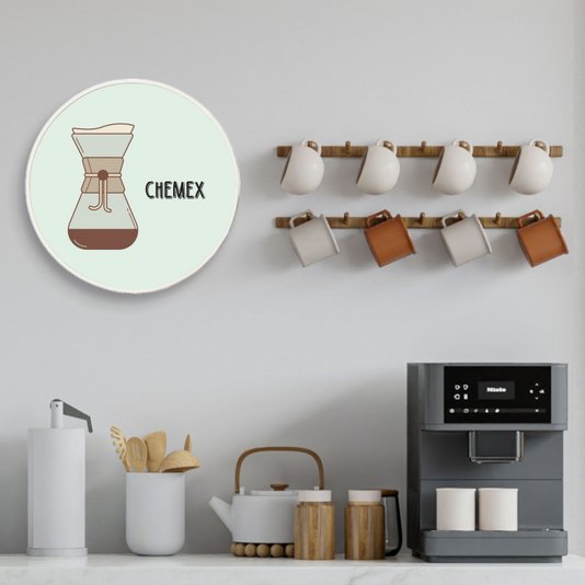 Quadro Decorativo Redondo Café Chemex com Moldura Filete Flexível