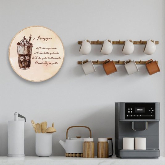 Quadro Decorativo Redondo Café Frappe com Moldura em Couro Sintético