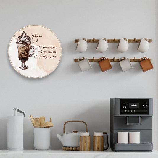 Quadro Decorativo Redondo Café Glace com Moldura em Couro Sintético