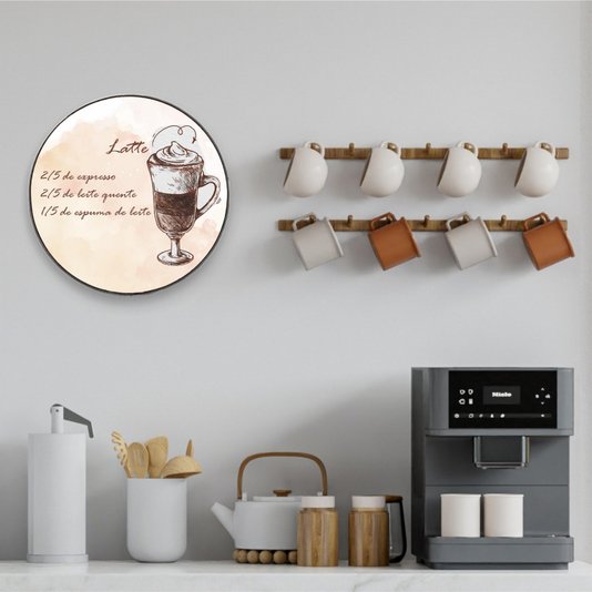 Quadro Decorativo Redondo Café Latte com Moldura em Couro Sintético