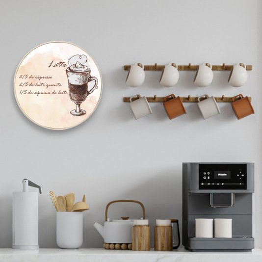 Quadro Decorativo Redondo Café Latte com Moldura em Couro Sintético