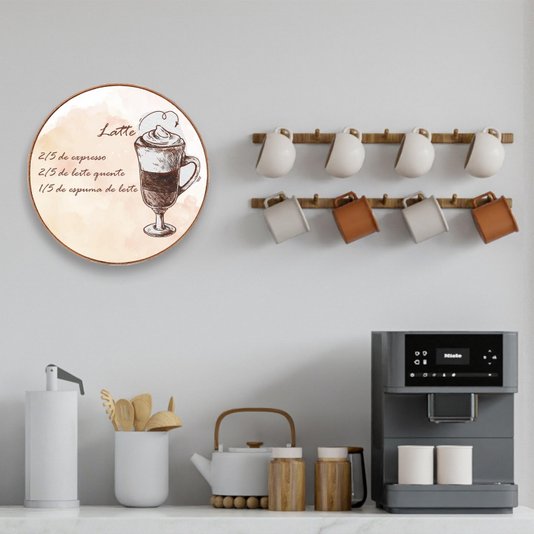 Quadro Decorativo Redondo Café Latte com Moldura em Couro Sintético