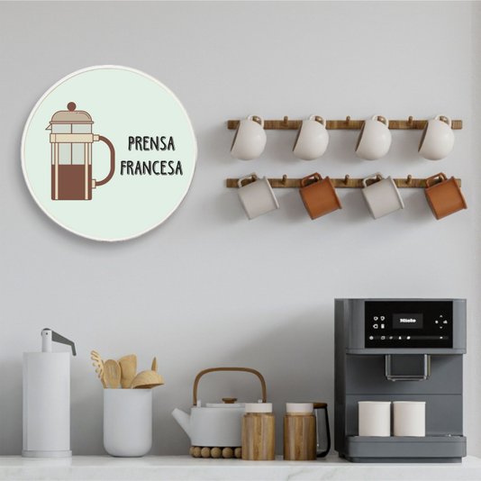 Quadro Decorativo Redondo Café Prensa Francesa com Moldura Filete Flexível