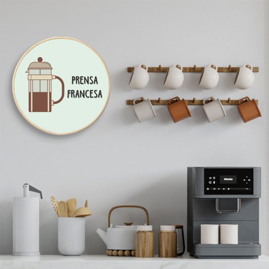 Quadro Decorativo Redondo Café Prensa Francesa com Moldura Filete Flexível