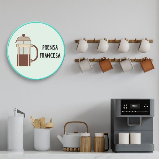 Quadro Decorativo Redondo Café Prensa Francesa com Moldura Filete Flexível