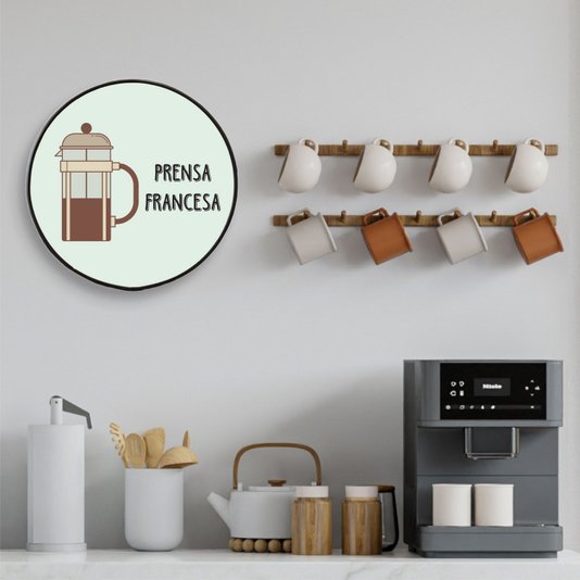 Quadro Decorativo Redondo Café Prensa Francesa com Moldura Filete Flexível