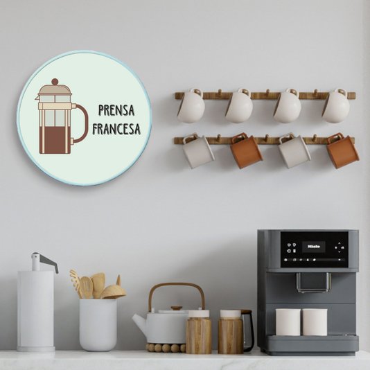 Quadro Decorativo Redondo Café Prensa Francesa com Moldura Filete Flexível
