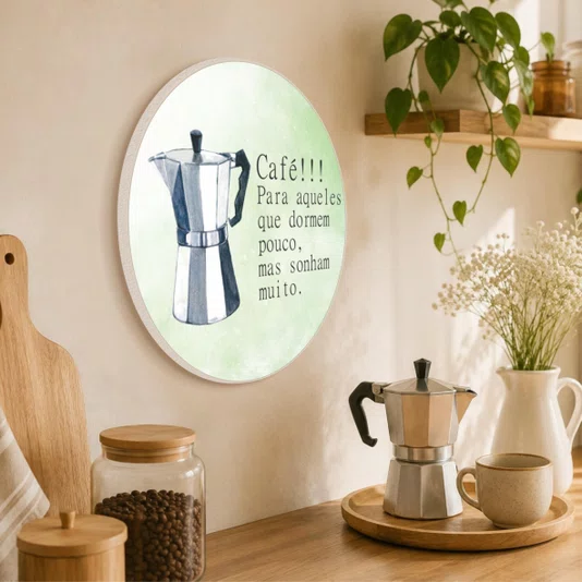 Quadro Decorativo Redondo Cafeteira Italiana Café Para Aqueles que Dormem Pouco Mas Sonham Muito