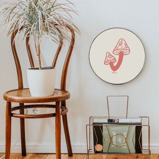 Quadro Decorativo Redondo Cogumelos com Moldura Flexível Metalizada