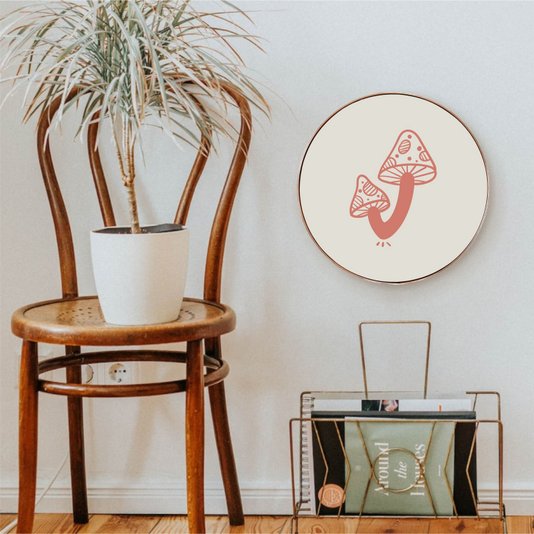 Quadro Decorativo Redondo Cogumelos com Moldura Flexível Metalizada