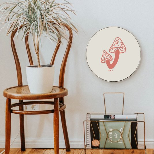 Quadro Decorativo Redondo Cogumelos com Moldura Flexível Metalizada