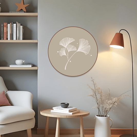 Quadro Decorativo Redondo Folha Ginkgo Biloba Com Moldura Em Couro Sintético Estilo Japandi