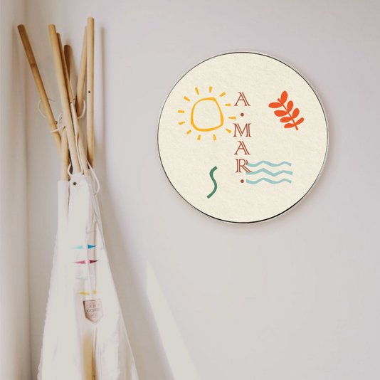 Quadro Decorativo Redondo Frase A-Mar com Moldura Flexível Metalizada