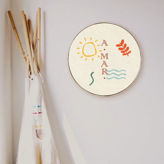 Quadro Decorativo Redondo Frase A-Mar com Moldura Flexível Metalizada