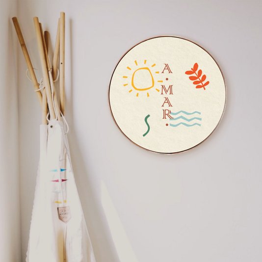Quadro Decorativo Redondo Frase A-Mar com Moldura Flexível Metalizada