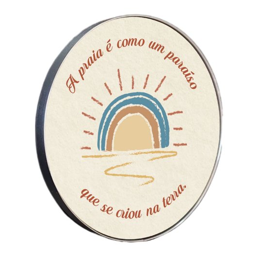 Quadro Decorativo Redondo Frase A Praia é Como Um Paraíso Que Se Criou Na Terra com Moldura Flexível Metalizada