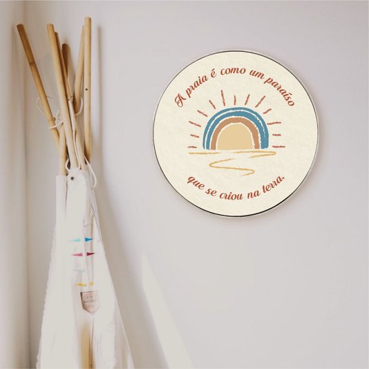 Quadro Decorativo Redondo Frase A Praia é Como Um Paraíso Que Se Criou Na Terra com Moldura Flexível Metalizada
