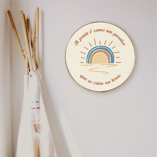 Quadro Decorativo Redondo Frase A Praia é Como Um Paraíso Que Se Criou Na Terra com Moldura Flexível Metalizada