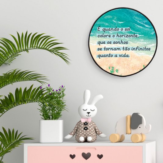 Quadro Decorativo Redondo Frase É Quando o Sol Colore o Horizonte com Moldura Filete Flexível