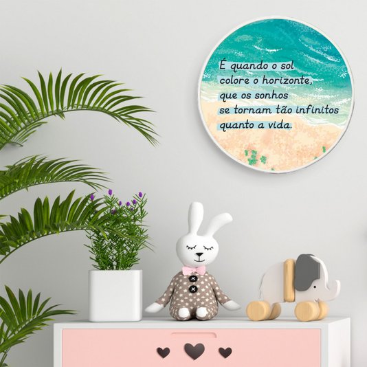Quadro Decorativo Redondo Frase É Quando o Sol Colore o Horizonte com Moldura Filete Flexível