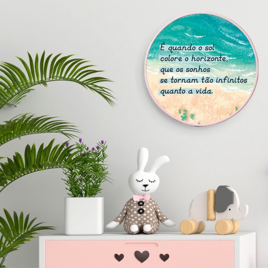 Quadro Decorativo Redondo Frase É Quando o Sol Colore o Horizonte com Moldura Filete Flexível